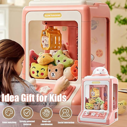Close-up of kids' arcade claw machine toy with prize chute and colorful plastic coins