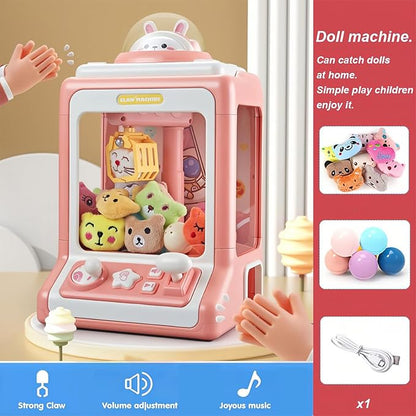 Top view of educational kids' mini claw machine toy, showcasing controls and prize compartment