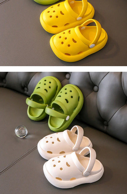 Kids yellow non-slip clogs, side profile, comfort and support for feet