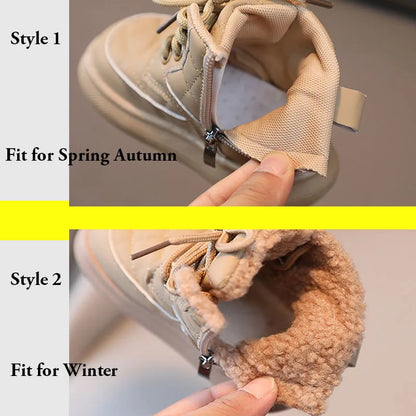 Close-up of kids plaid snow boots, showing durable sole and warm interior, children's winter fashion