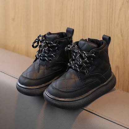 Children's winter boots with plaid design, providing warmth and traction for snowy days, comfy shoes