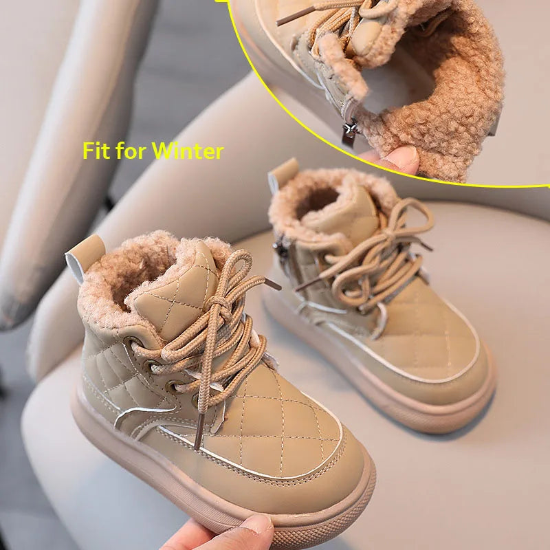 Youthful plaid snow boots, featuring sturdy laces and non-slip sole, essential winter footwear for kids
