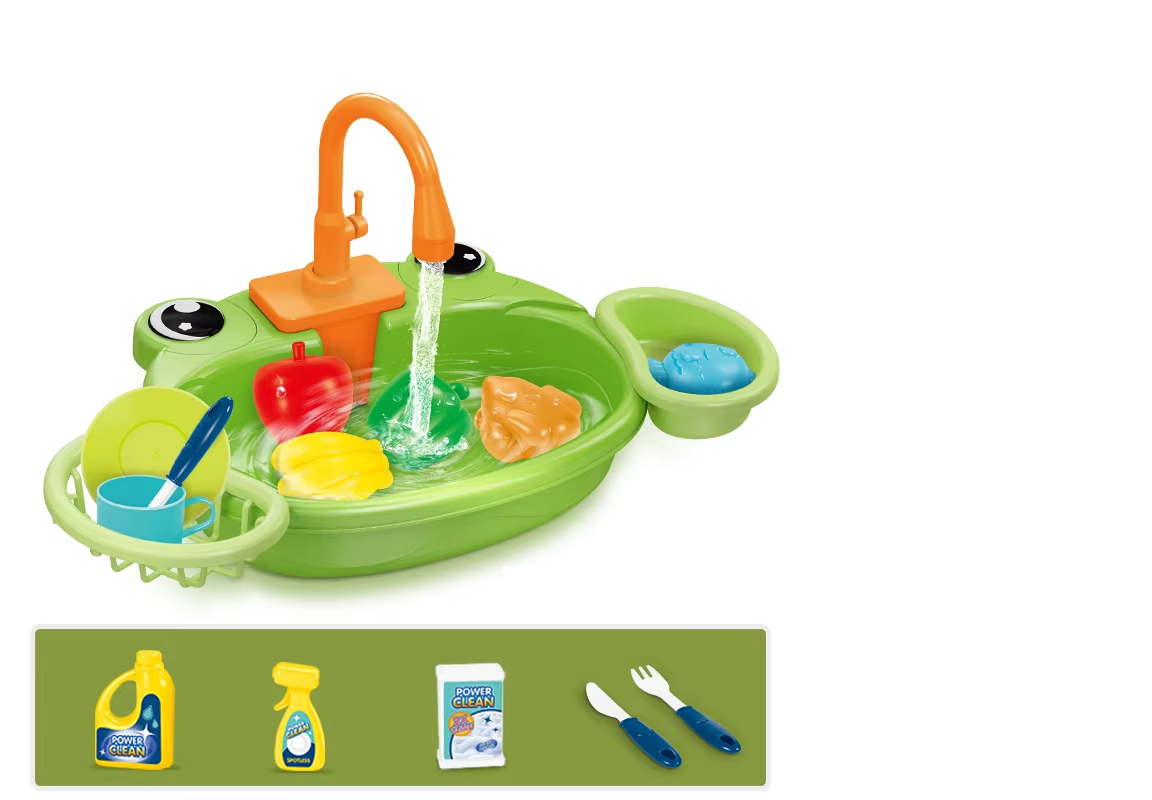 Close-up of kids play kitchen sink faucet with water stream, durable plastic toy