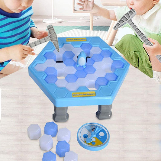 Kids play Penguin Ice Breaking Table Game, a fun family board game & educational toy for children's activity.