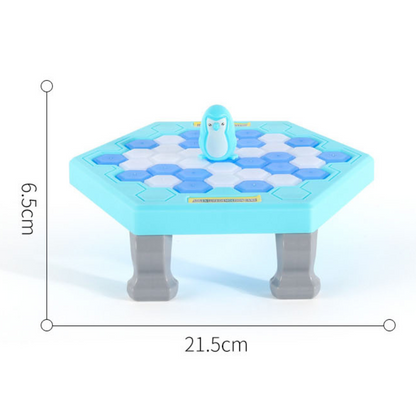 Close-up of Penguin Ice Breaking kids' game pieces: penguin, mallets, and ice blocks for an engaging board game.