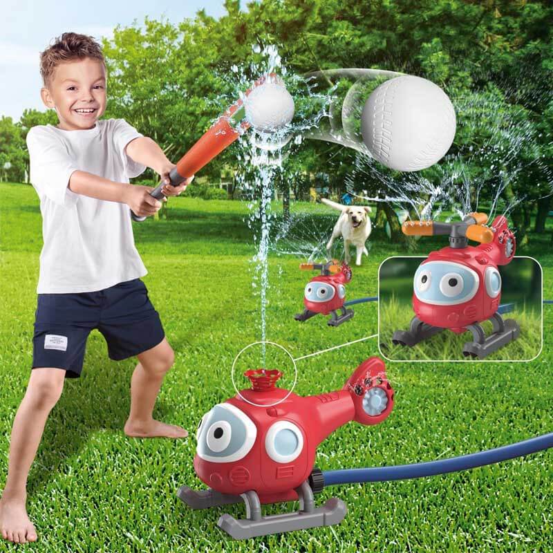 Kids playing baseball with outdoor water sprinkler, summer fun activity toy for ages 3-12.