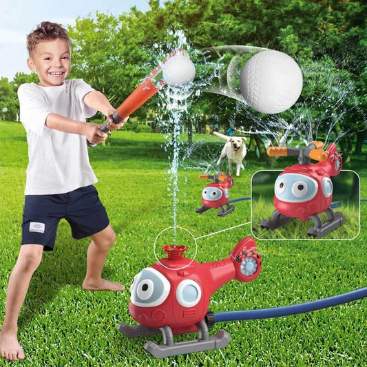 Kids playing baseball with outdoor water sprinkler, summer fun activity toy for ages 3-12.