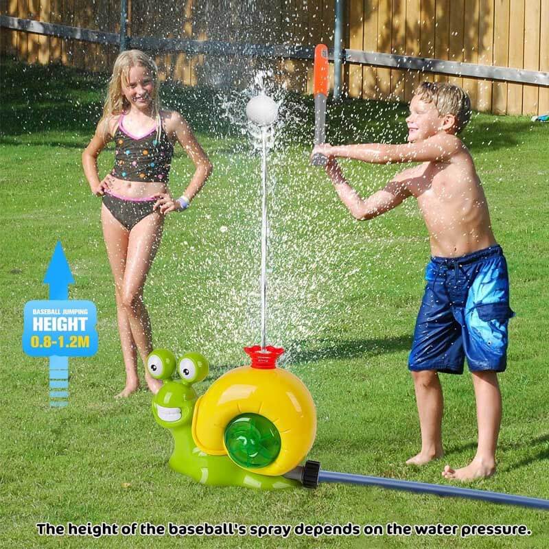 Water sprinkler baseball game creating a refreshing mist for kids' summer outdoor playtime.