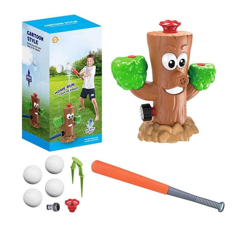 Detailed view of the sprinkler and bat from the kids' outdoor baseball game set, activity toy.