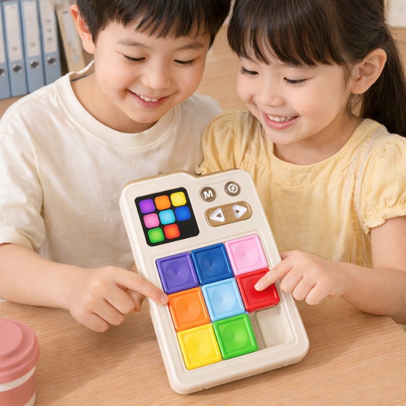 Kids playing colorful educational logic puzzle game, promoting problem solving and concentration skills