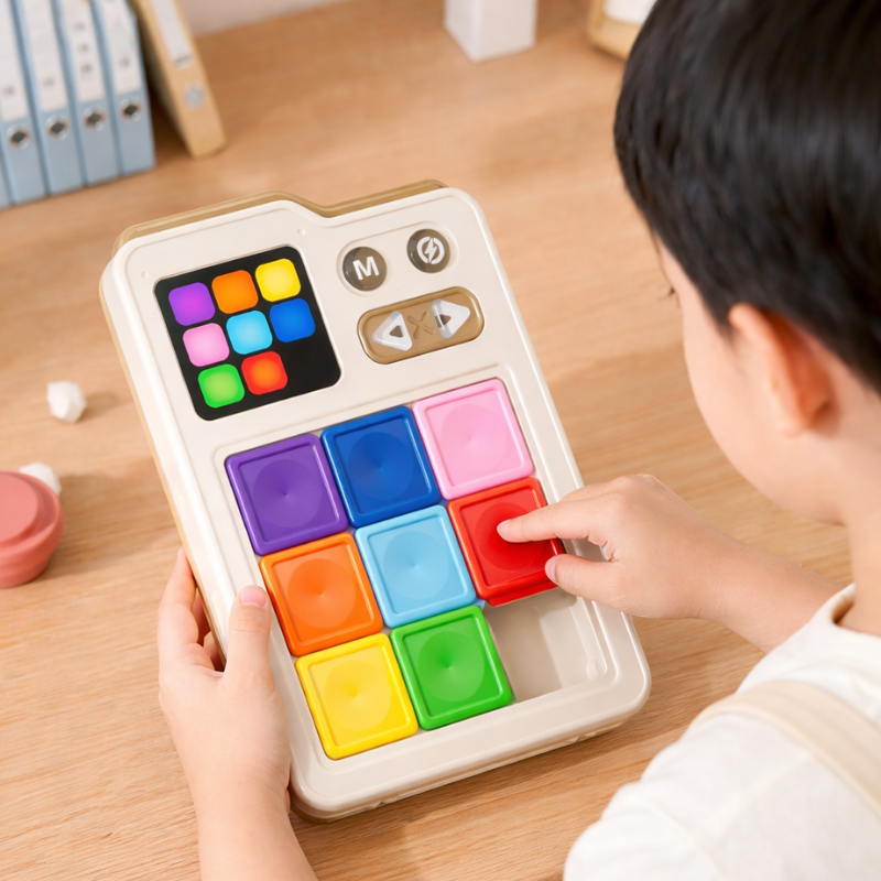 Close-up of children's hands sorting vibrant pieces in a portable educational logic game