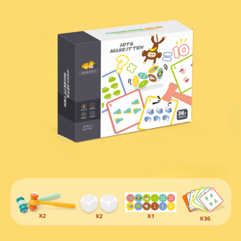 Close-up of kids' hands with hammers and dice in a fun math learning game, skill development