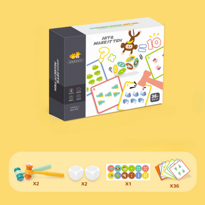 Close-up of kids' hands with hammers and dice in a fun math learning game, skill development