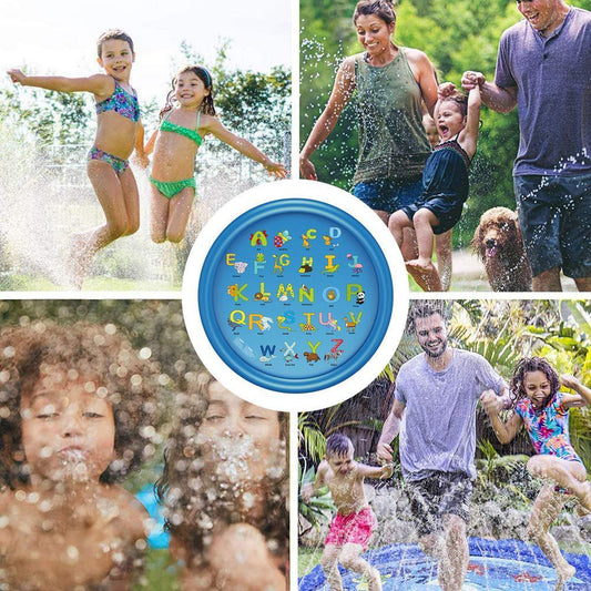 Kids playing happily on a vibrant inflatable splash play mat with water sprinklers for summer fun