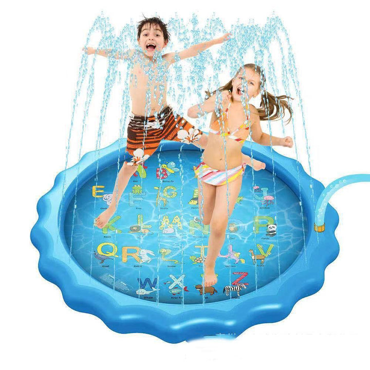 Toddler sitting on a colorful inflatable splash play mat, enjoying the cool water on a sunny day