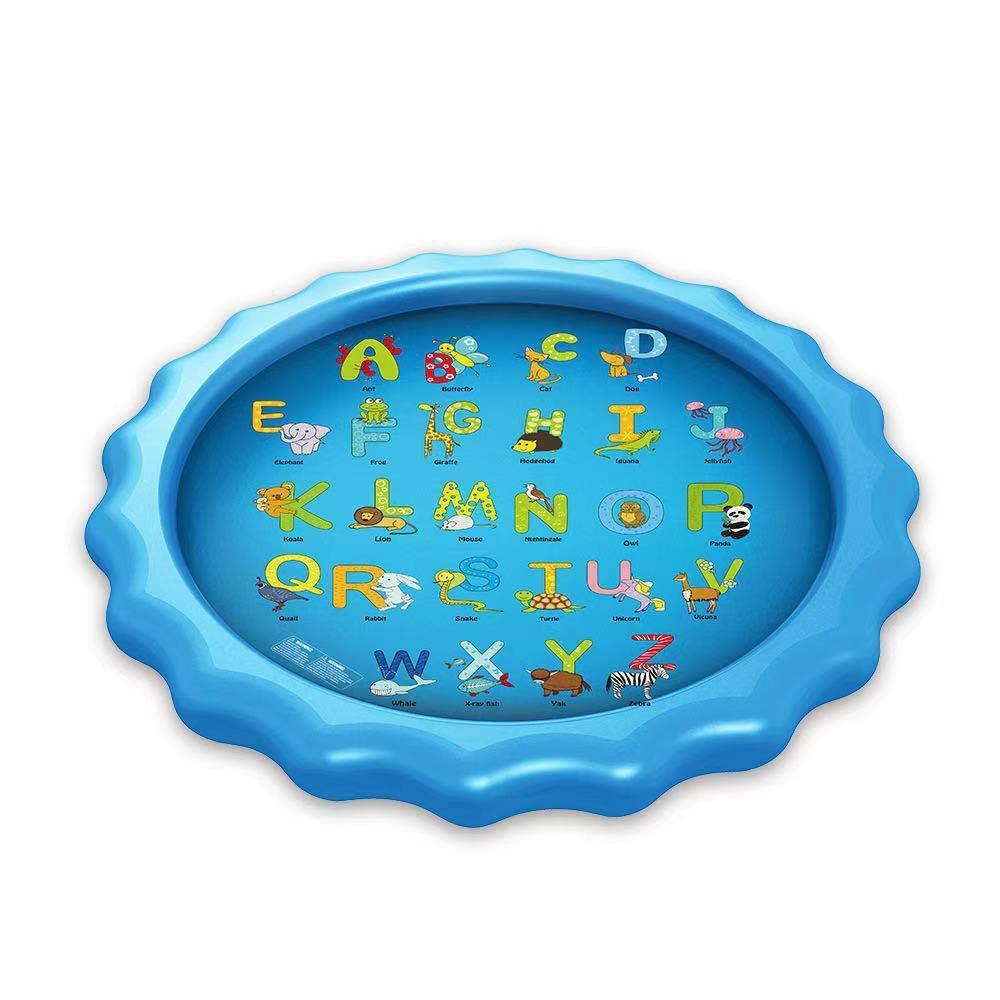 Aerial view of a circular inflatable splash play mat with playful animal designs and water jets