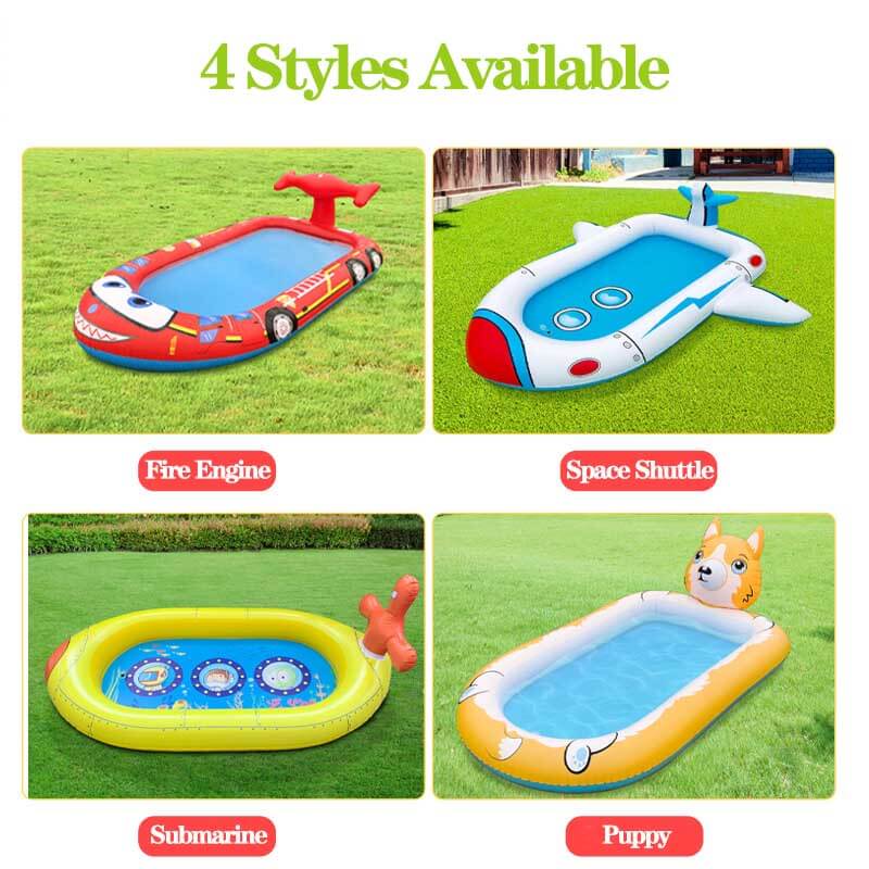 Toddler laughing while splashing in a shallow kids' outdoor inflatable wading pool with integrated sprinklers.
