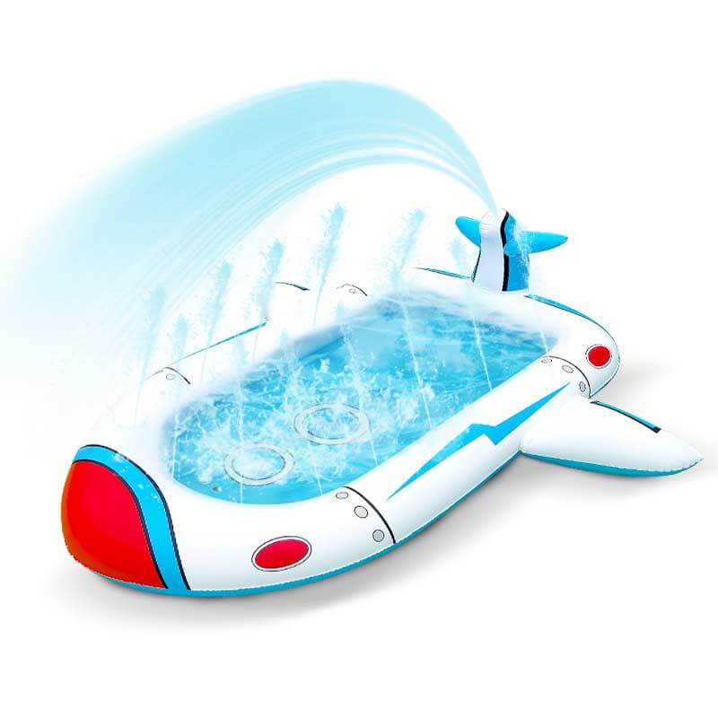 Family enjoying backyard water activities with a large inflatable splash pad, creating a cool summer play area.