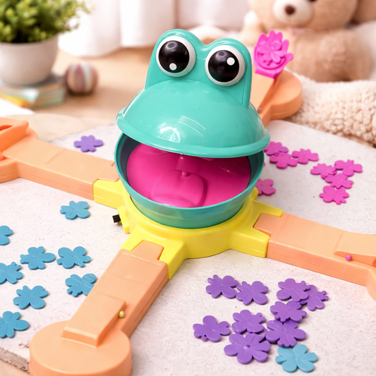 Kids playing interactive Frog & Turtle Race board game, colorful animal pieces, family fun, developmental toy