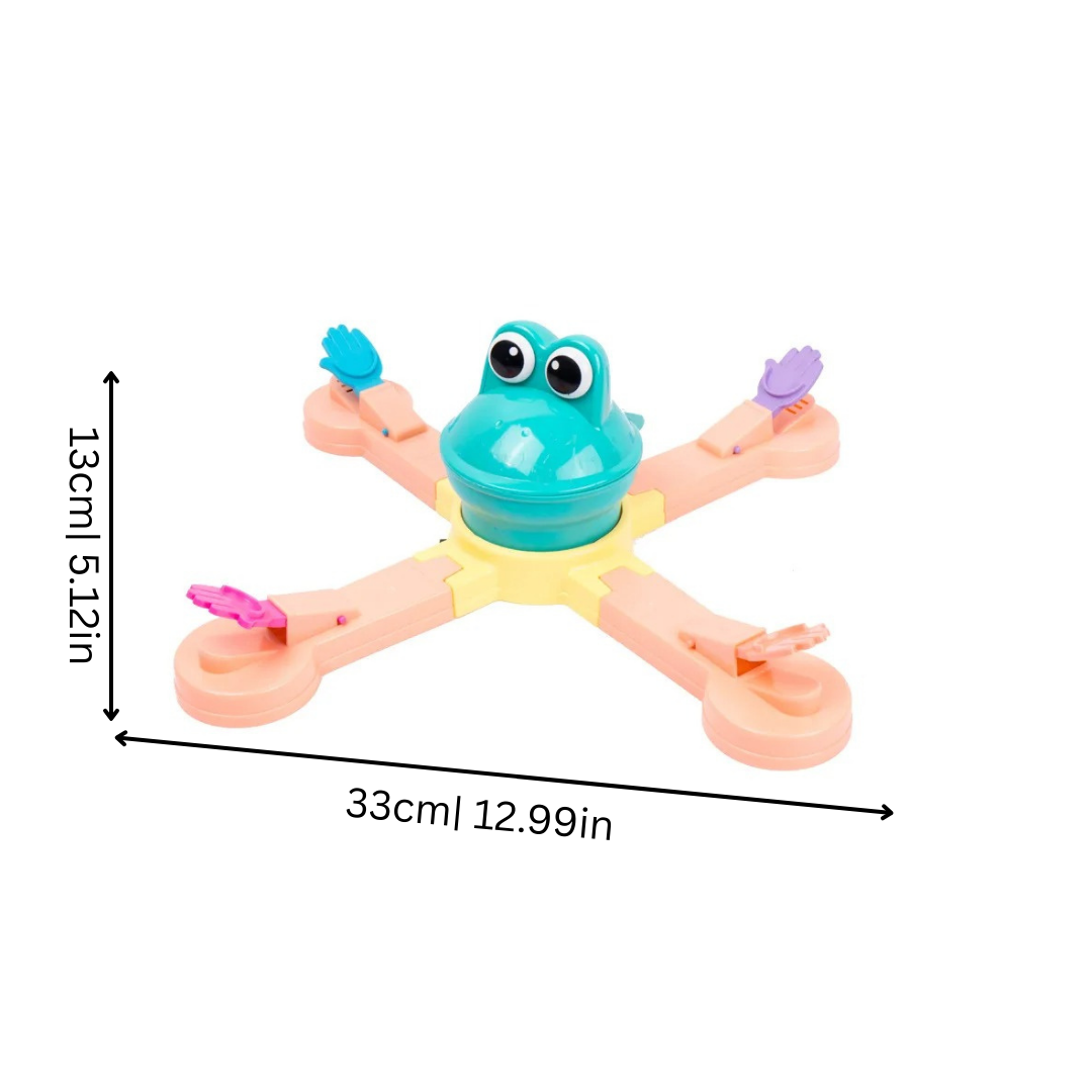 Close-up of Kids' Interactive Frog & Turtle Race game with hands activating levers, reflex training party game