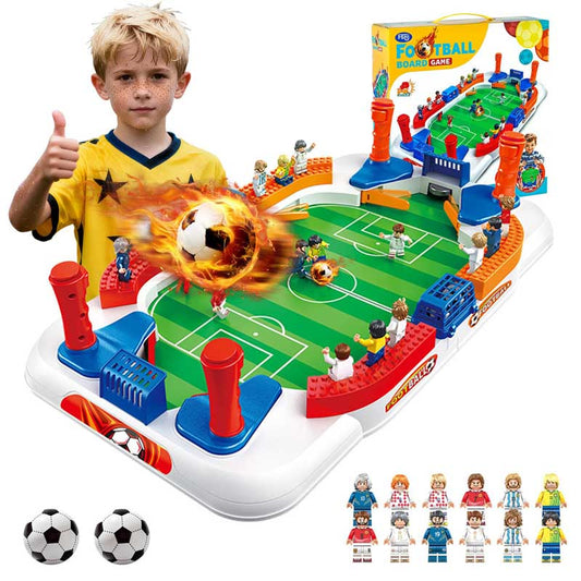 Kids playing interactive tabletop soccer game, 2 players, yellow and blue teams, close-up action