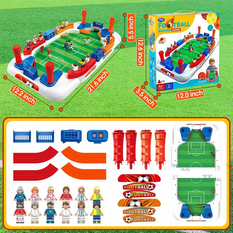 Tabletop soccer game, sturdy red and blue plastic, mini soccer ball, two players actively engaged