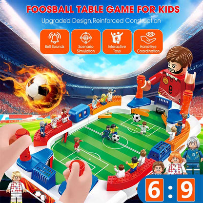 Children laughing while playing a vibrant tabletop soccer game, focus on handles and players