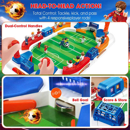 Family fun with an interactive tabletop soccer game, close-up of soccer goals and player figures