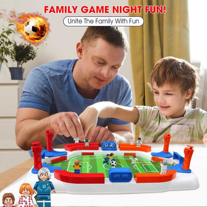 Detailed view of a kid's tabletop soccer game, showing score trackers and robust construction