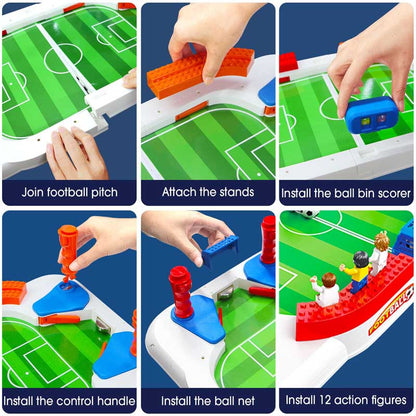 Two kids intensely focused on an activity toy tabletop soccer game, capturing competitive fun