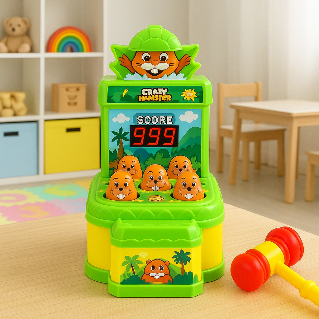 Kids playing interactive Whack-A-Mole arcade game, enhancing hand-eye coordination & fine motor skills