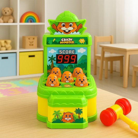Kids playing interactive Whack-A-Mole arcade game, enhancing hand-eye coordination & fine motor skills