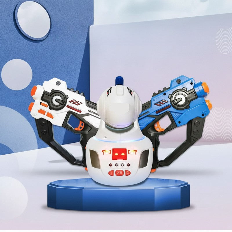 Kids playing laser tag with infrared blasters & targets for exciting indoor/outdoor team fun