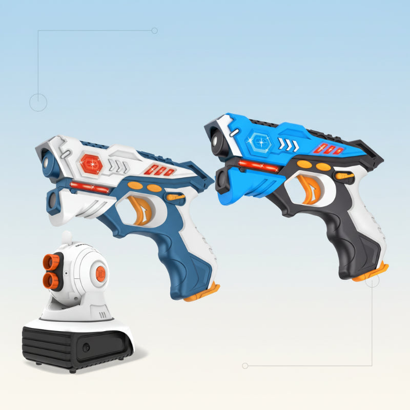 Two children in dynamic poses playing laser tag, enjoying outdoor fun with infrared toys
