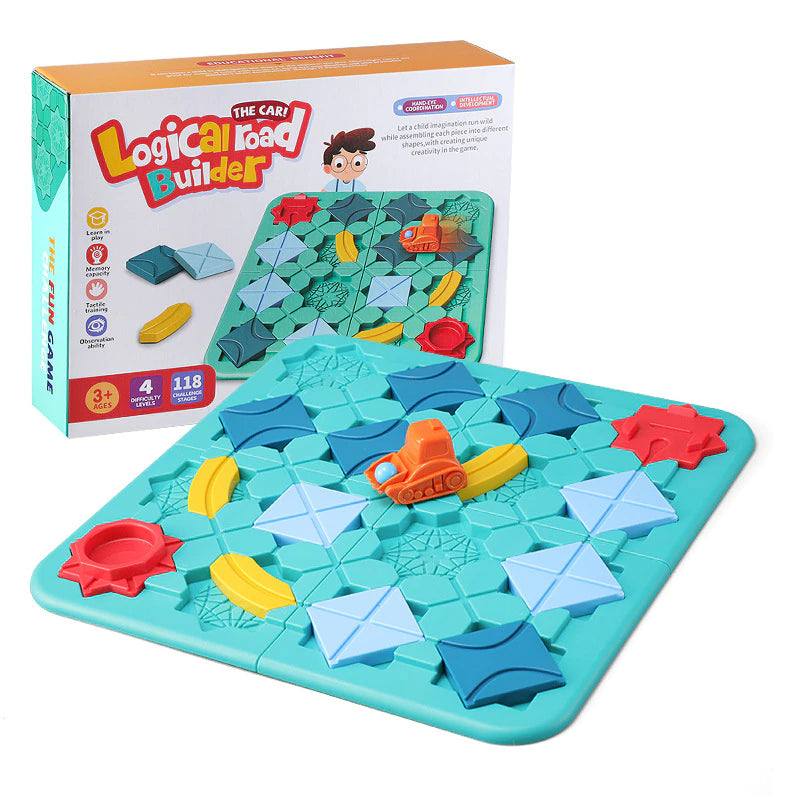Kids playing Logical Road Builder STEM game, arranging puzzle pieces to build a road, enhancing problem-solving skills