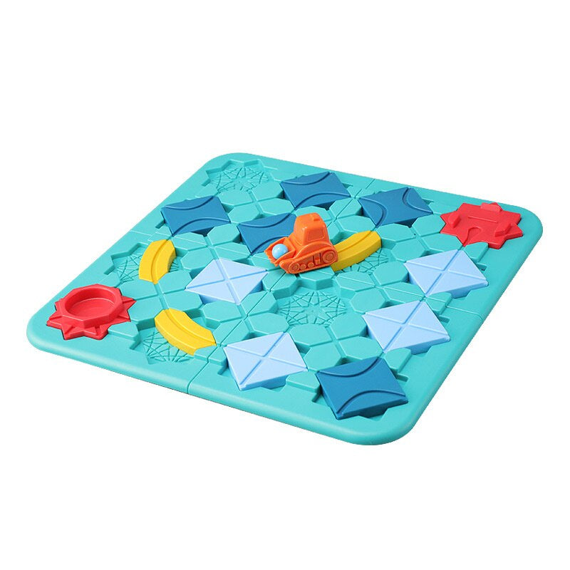 Unisex Logical Road Builder puzzle game with a child's hands placing a road block, teaching spatial awareness and logic