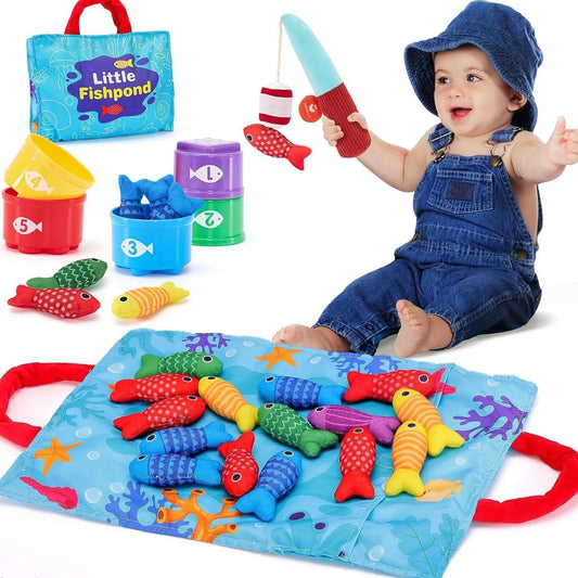 Kids playing magnetic fishing game, developing fine motor skills with colorful fish & rods, preschool educational toy