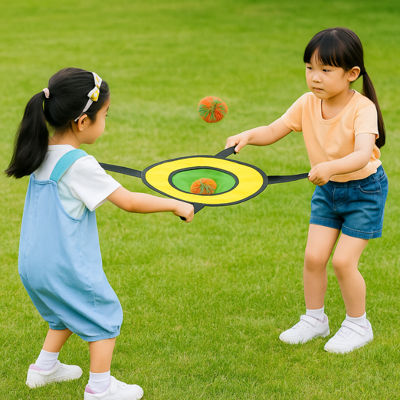 Kids playing outdoor toss and catch game with elastic paddles and soft ball, promoting active fun and coordination.
