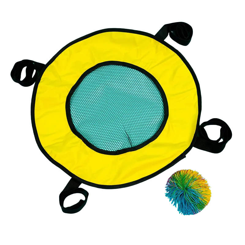 Vibrant yellow and blue elastic toss and catch game for kids, perfect for family outdoor play and hand-eye coordination.