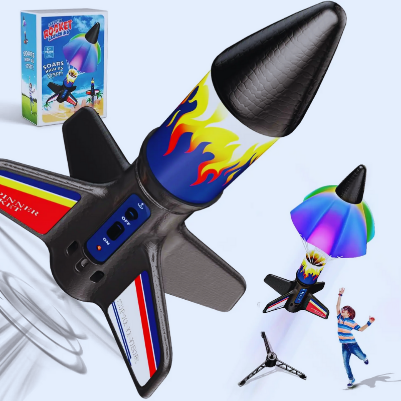 Kids playing outdoors with a red electric rocket toy featuring LED lights & parachute landing for active STEM fun