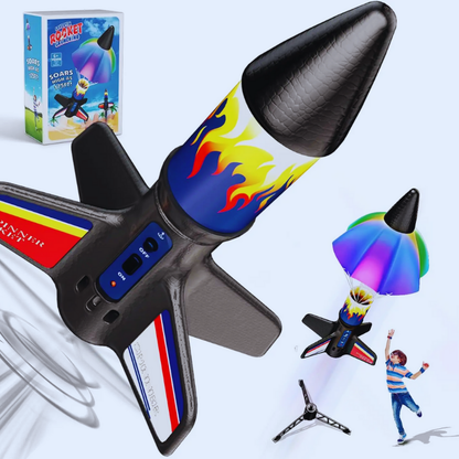 Kids playing outdoors with a red electric rocket toy featuring LED lights & parachute landing for active STEM fun