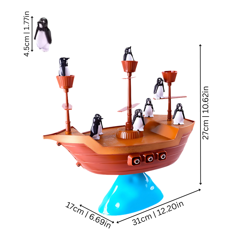 Children carefully balancing penguins on a wobbly Pirate Ship Balance Game, promoting teamwork and fine motor skills.