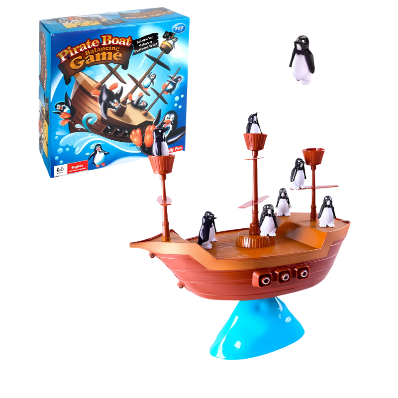Vibrant Children's Pirate Ship Balance Game toy with small animal figures, ideal for engaging family game nights.