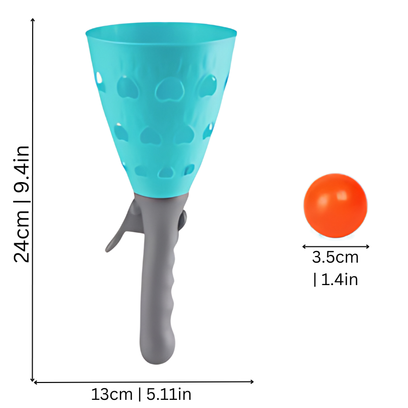 Close-up of green and blue Pop & Catch game set for kids, enhancing hand-eye coordination