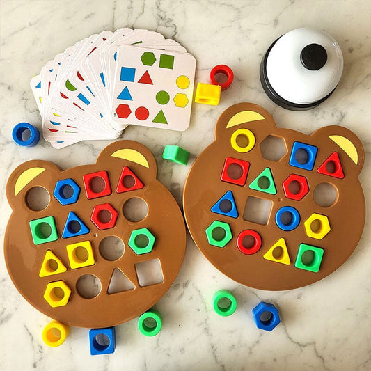 Kids playing 'Shape Matching Strategy Game' for cognitive development, an interactive educational toy