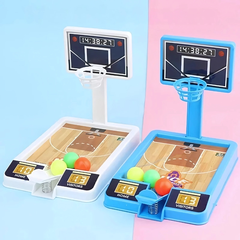 Kids playing tabletop mini basketball game, arcade fun, indoor family game