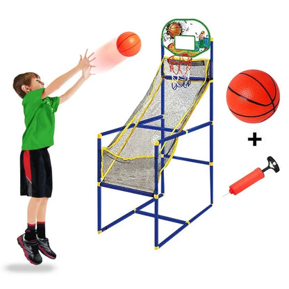 Brightly colored indoor basketball arcade game for kids, ideal for family fun and gifts.