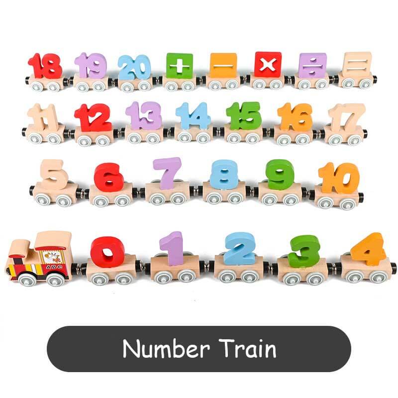 Happy child arranging wooden train cars, developing hand-eye coordination with this learning game.