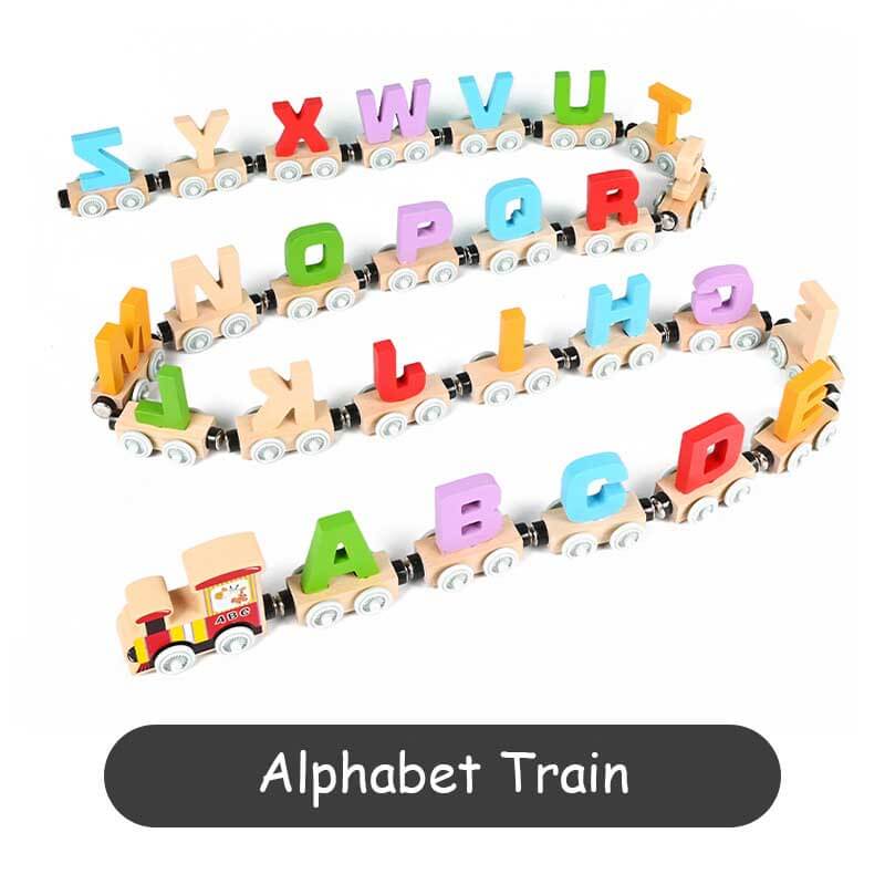 A wooden train toy set displayed on a white background, highlighting its natural and safe design for kids.