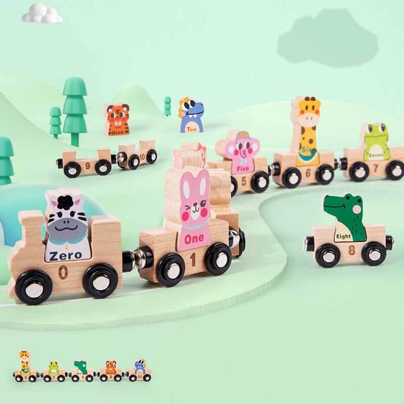 Close-up of a toddler's hands stacking wooden train cars, teaching fine motor skills with Montessori toy.
